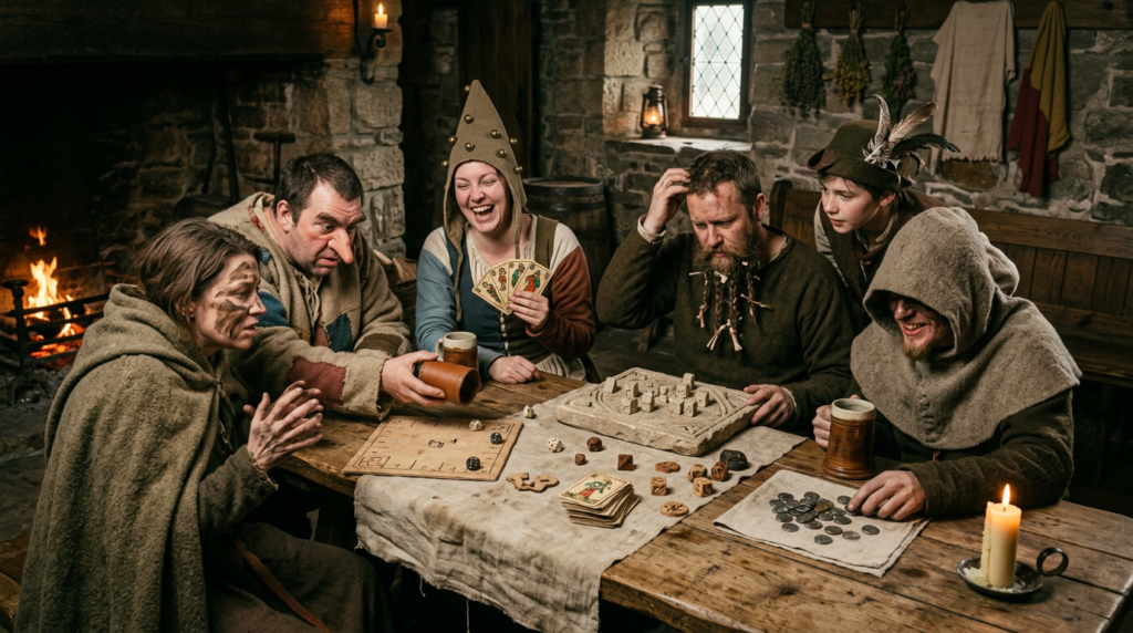 Six people in medieval costumes playing games at a wooden table in a rustic stone tavern
